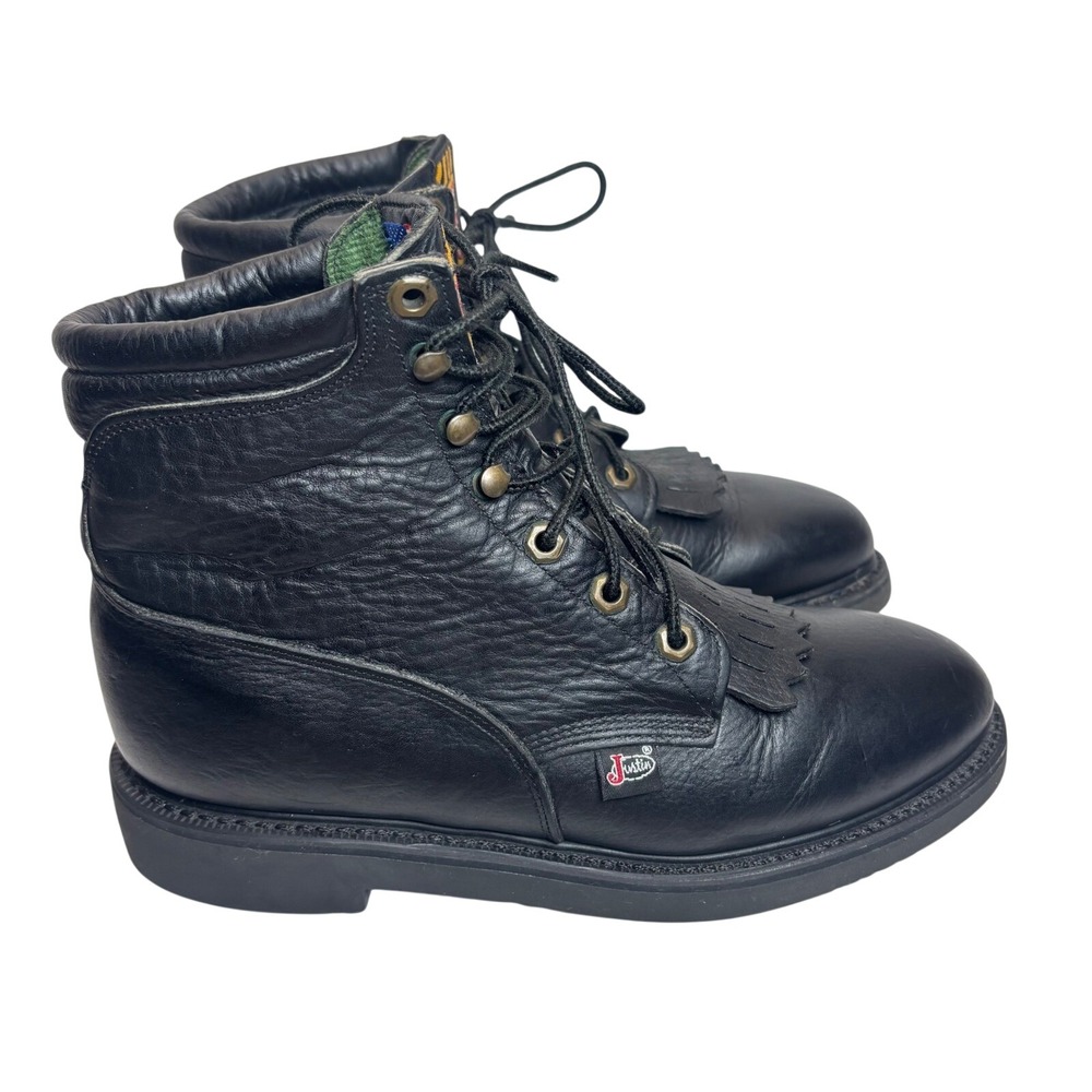 Justin Workboots Womens Sz 9 B Black Leather Lace Up Kiltie USA Made Dbl Comfort